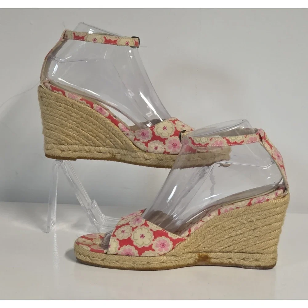 J Crew Womens 9 Espadrille Wedge Heels Floral Canvas Ankle Strap Sandals Pink